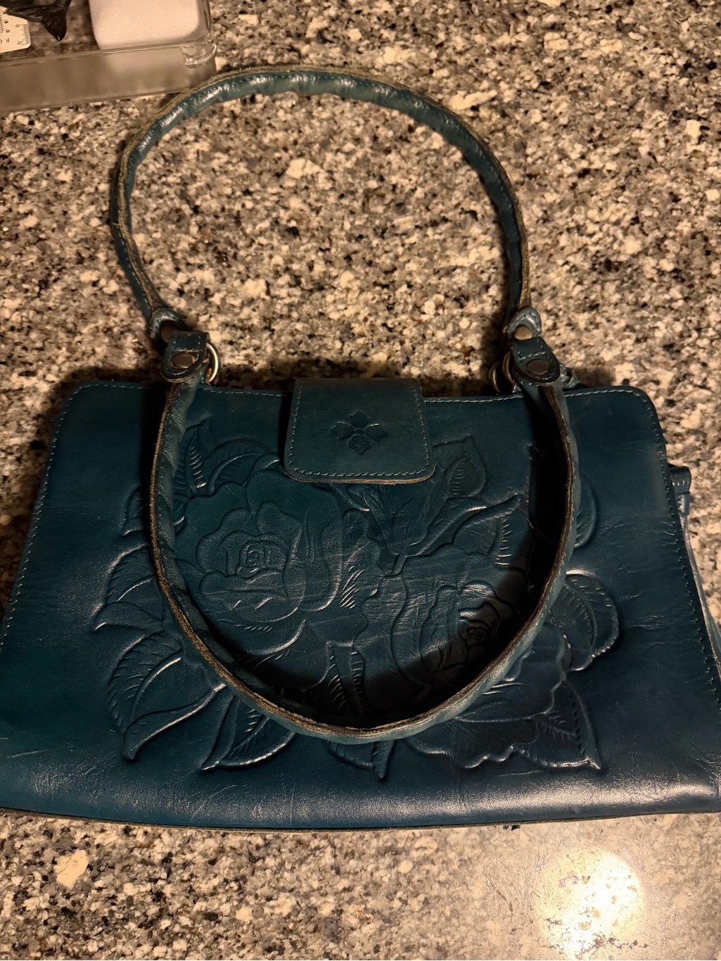 Teal Floral Embossed Leather Shoulder Bag - Elegant Everyday Carry